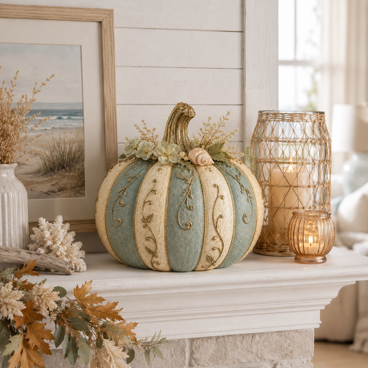 Lighted Coastal Harvest Pumpkin Decor, 7.9-Inch Blue & Ivory Fall Pumpkin Centerpiece with Warm LED Glow