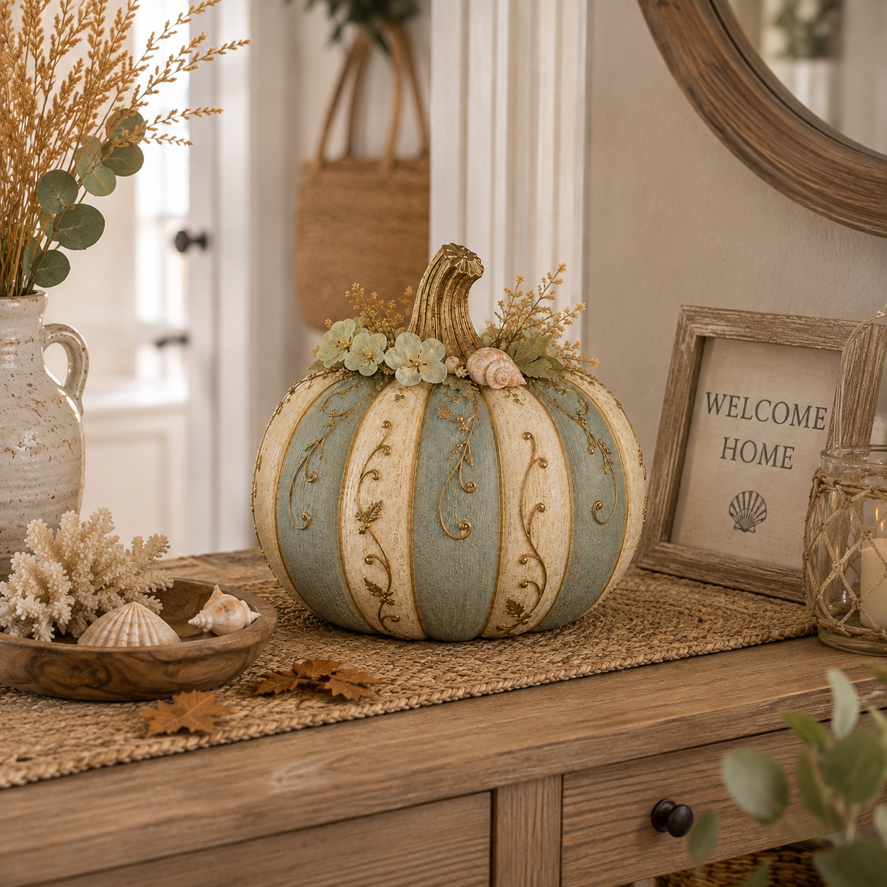 Lighted Coastal Harvest Pumpkin Decor, 7.9-Inch Blue & Ivory Fall Pumpkin Centerpiece with Warm LED Glow