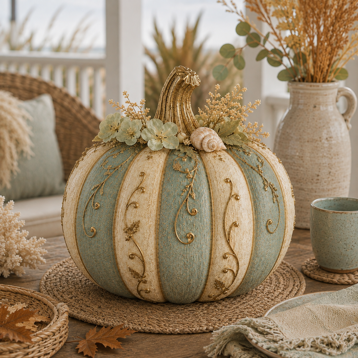 Lighted Coastal Harvest Pumpkin Decor, 7.9-Inch Blue & Ivory Fall Pumpkin Centerpiece with Warm LED Glow