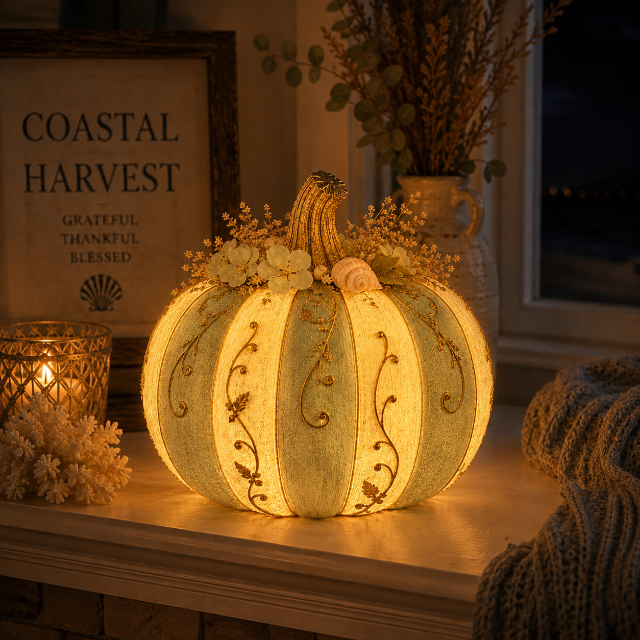 Lighted Coastal Harvest Pumpkin Decor, 7.9-Inch Blue & Ivory Fall Pumpkin Centerpiece with Warm LED Glow