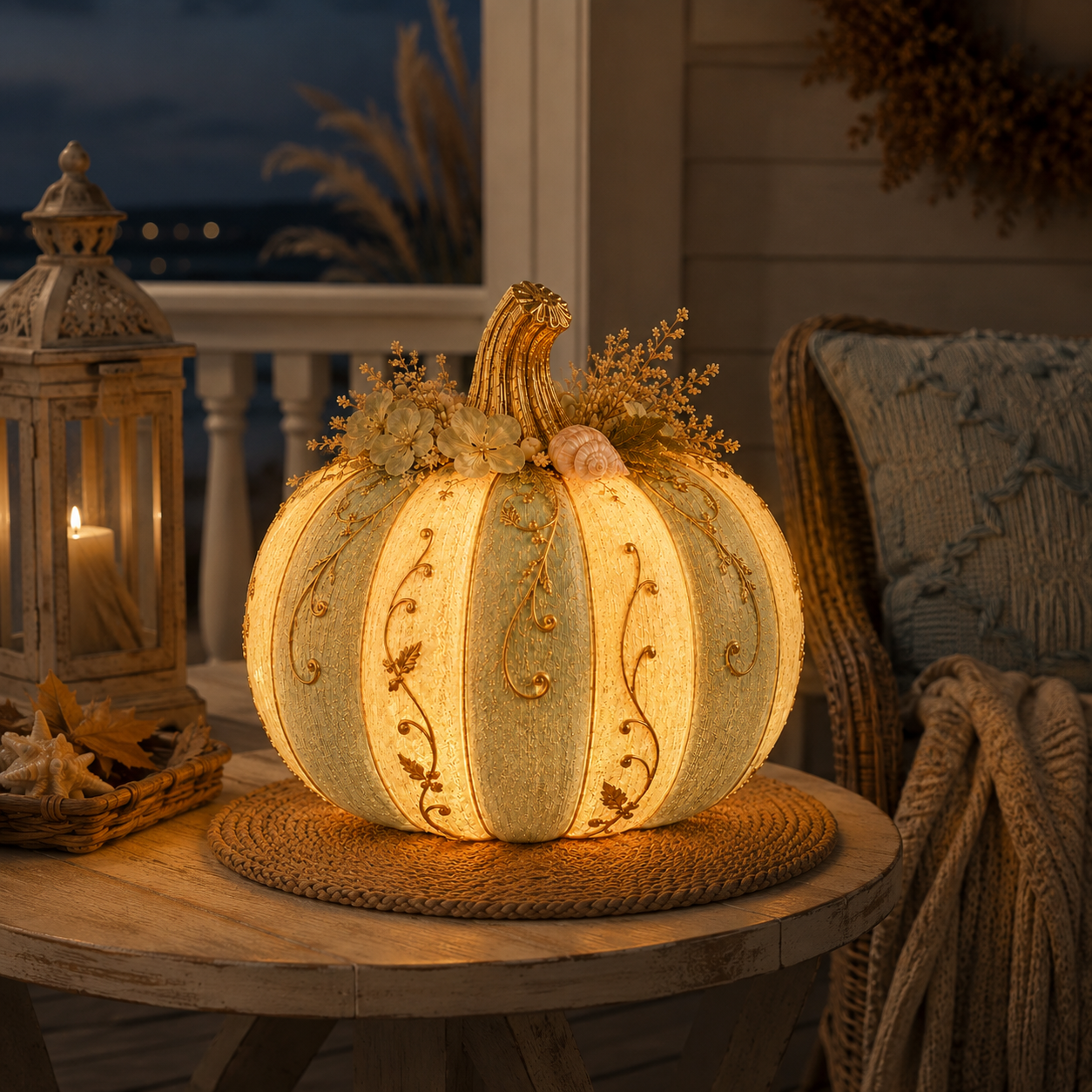 Lighted Coastal Harvest Pumpkin Decor, 7.9-Inch Blue & Ivory Fall Pumpkin Centerpiece with Warm LED Glow