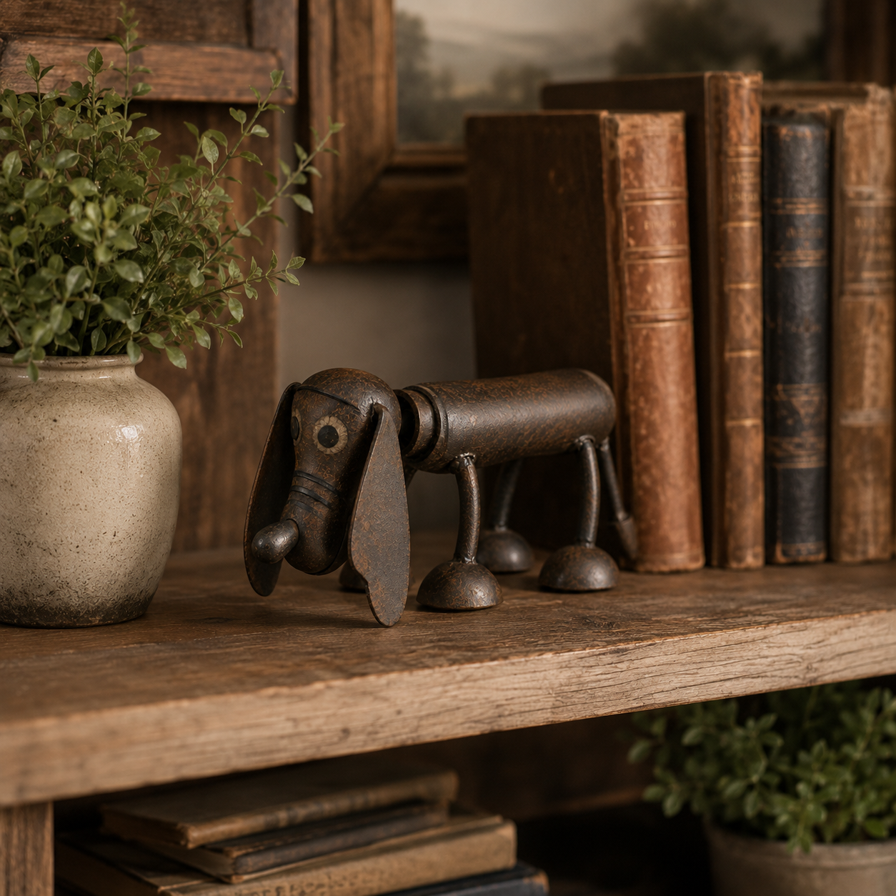 Rustic Metal Long-Eared Dog Figurine, Vintage Rust Finish Dog Tabletop Decor for Shelf Desk Entryway