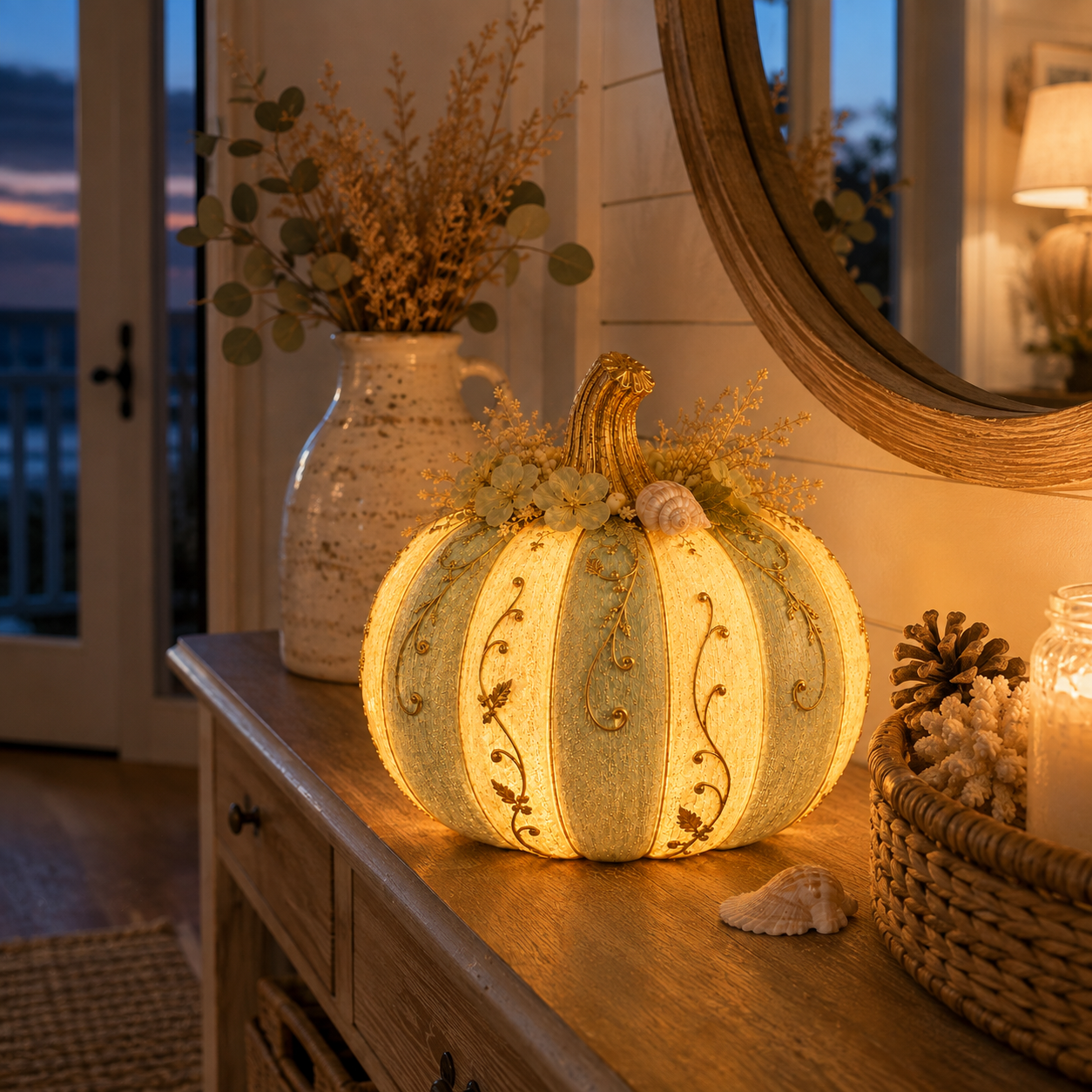 Lighted Coastal Harvest Pumpkin Decor, 7.9-Inch Blue & Ivory Fall Pumpkin Centerpiece with Warm LED Glow