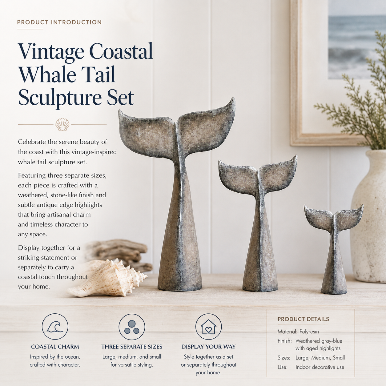 Vintage Coastal Whale Tail Sculpture Set