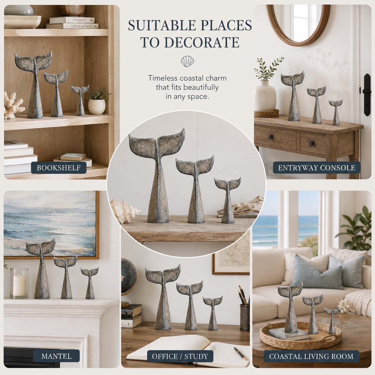 Vintage Coastal Whale Tail Sculpture Set