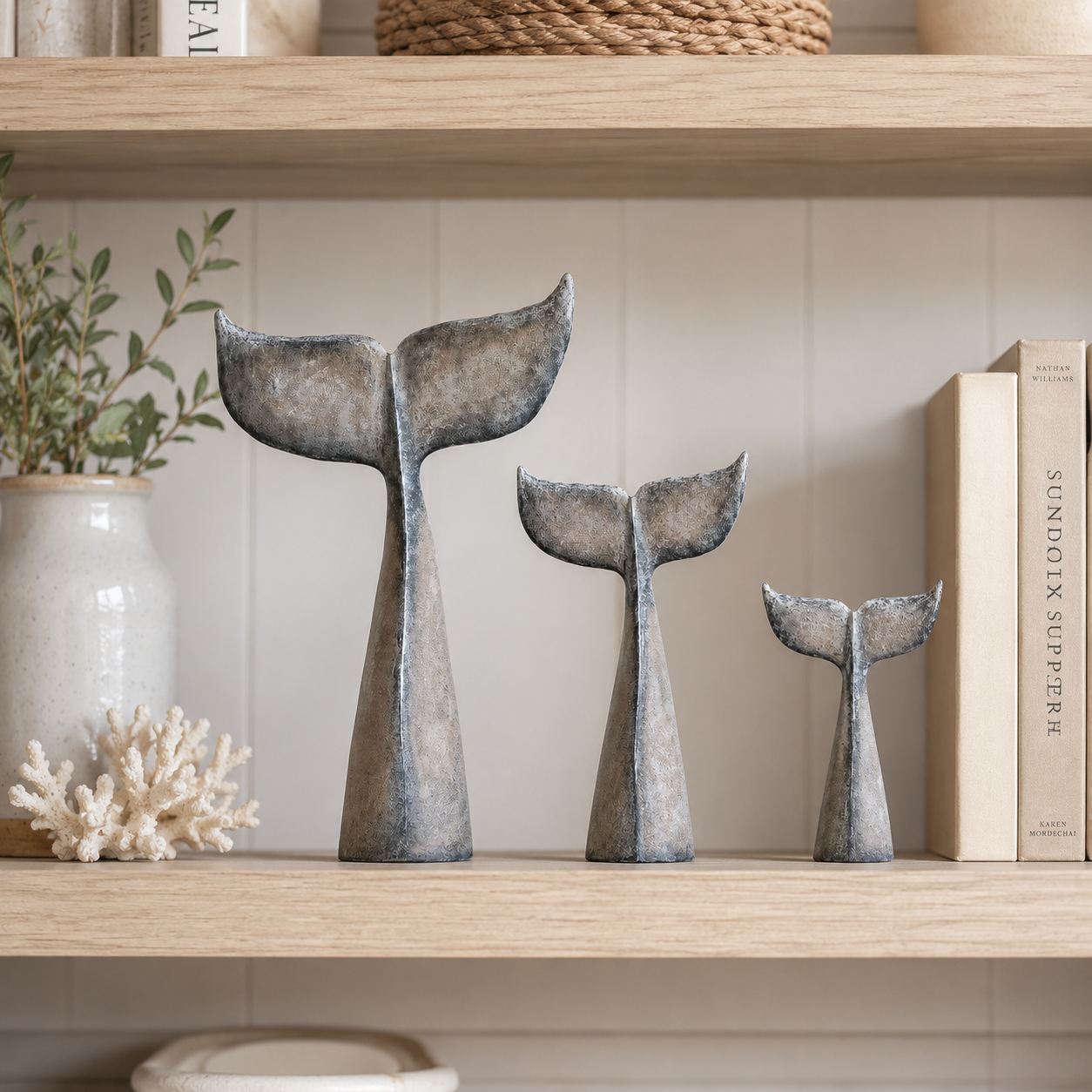 Vintage Coastal Whale Tail Sculpture Set