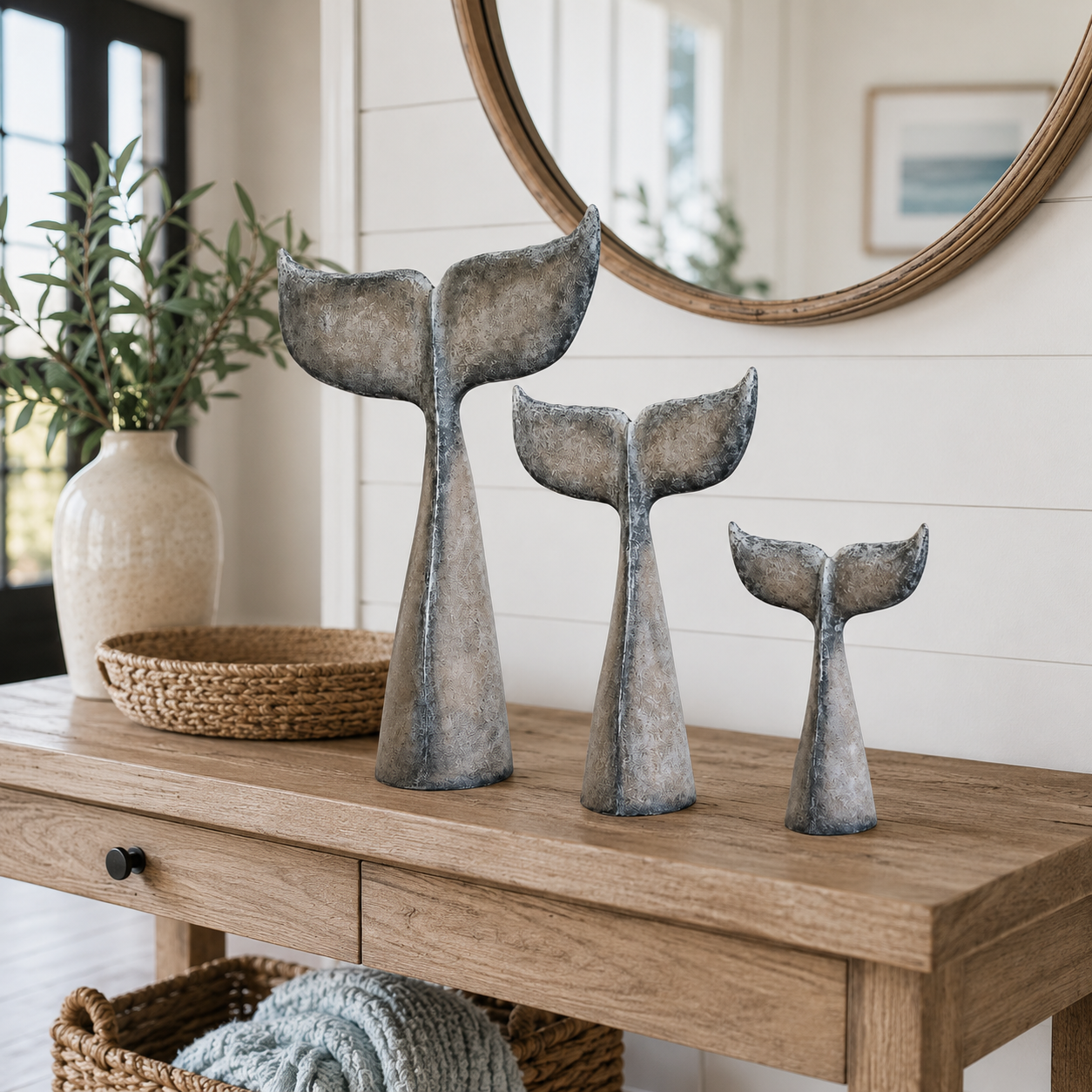 Vintage Coastal Whale Tail Sculpture Set