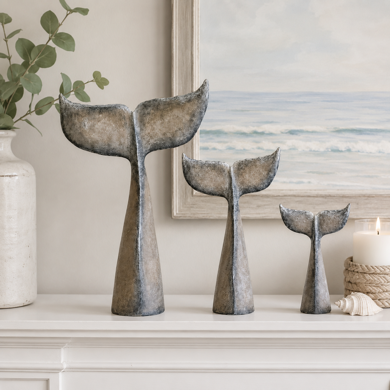 Vintage Coastal Whale Tail Sculpture Set