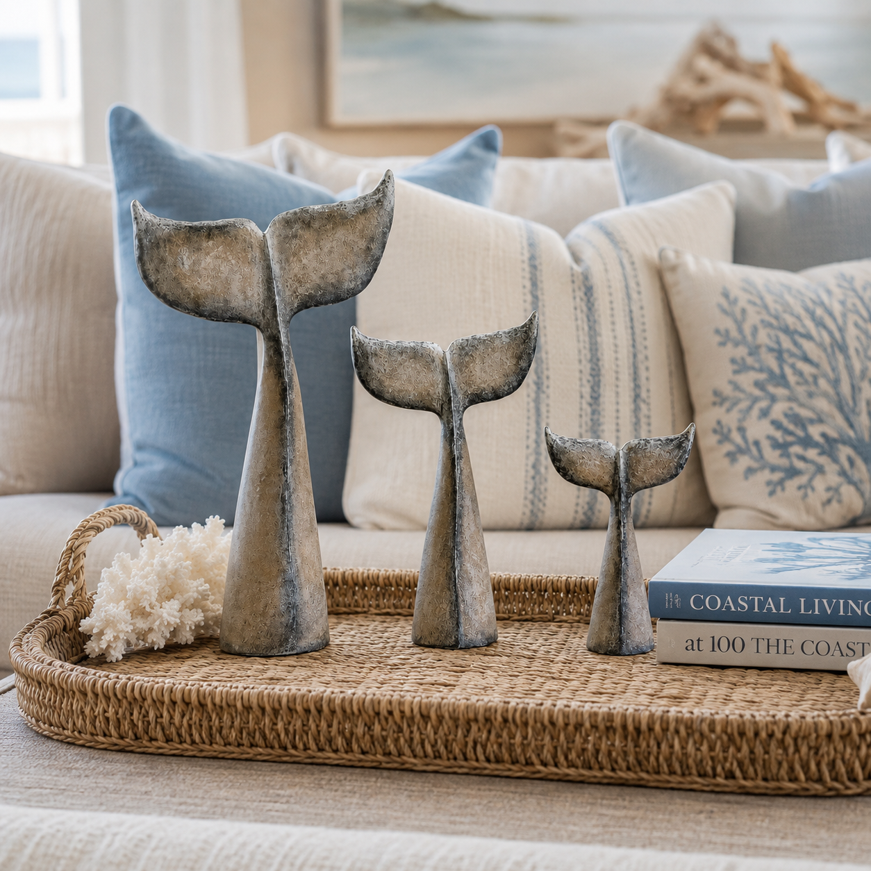 Vintage Coastal Whale Tail Sculpture Set