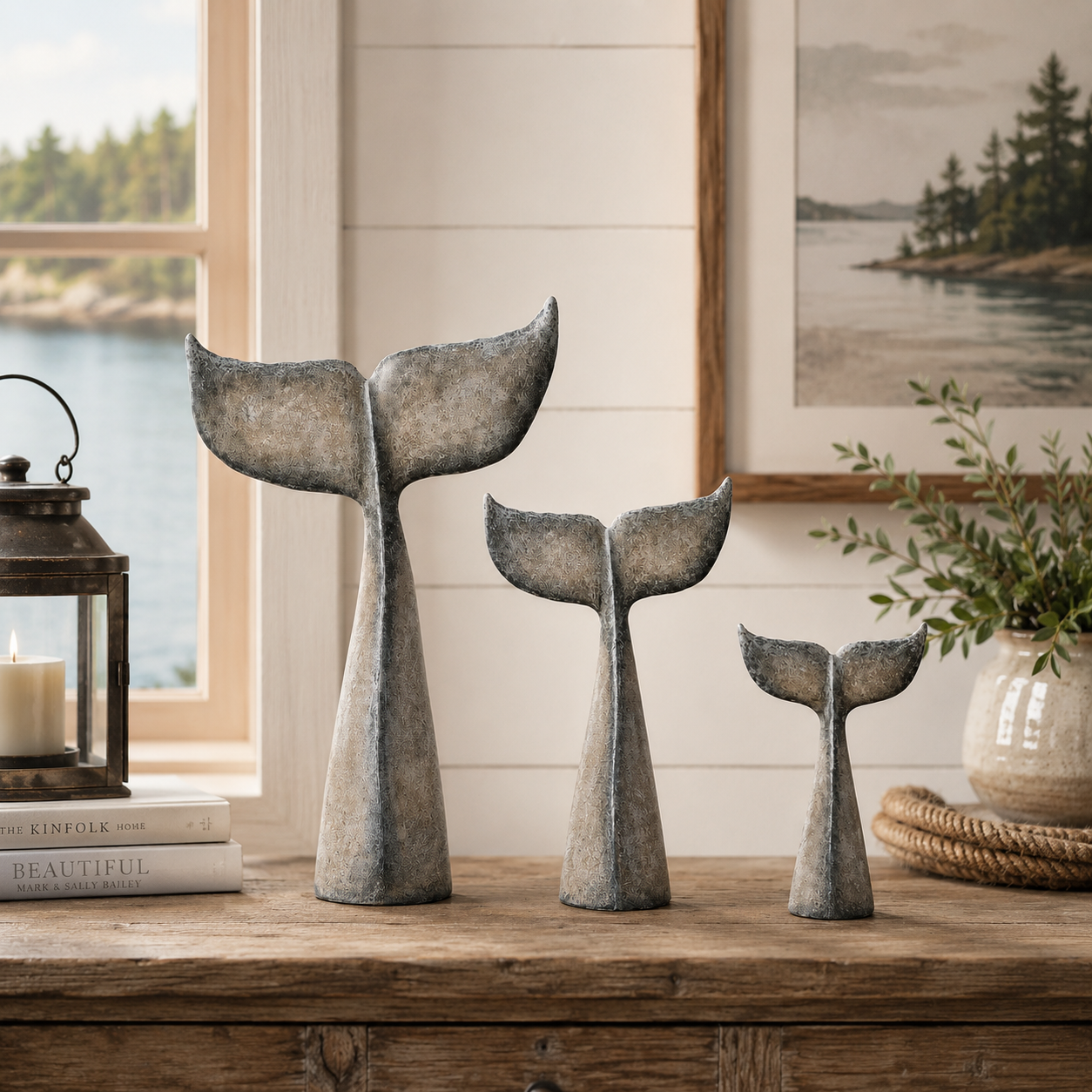 Vintage Coastal Whale Tail Sculpture Set