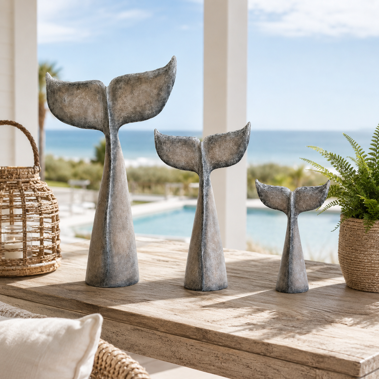 Vintage Coastal Whale Tail Sculpture Set