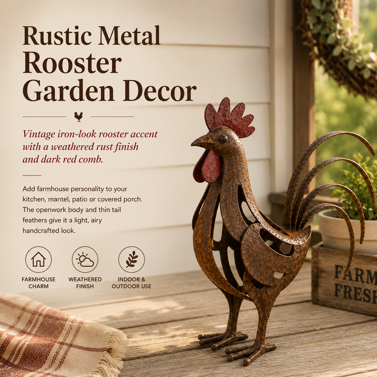 Rustic Metal Rooster Garden Decor