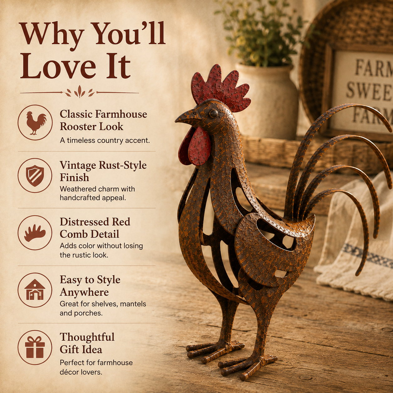 Rustic Metal Rooster Garden Decor