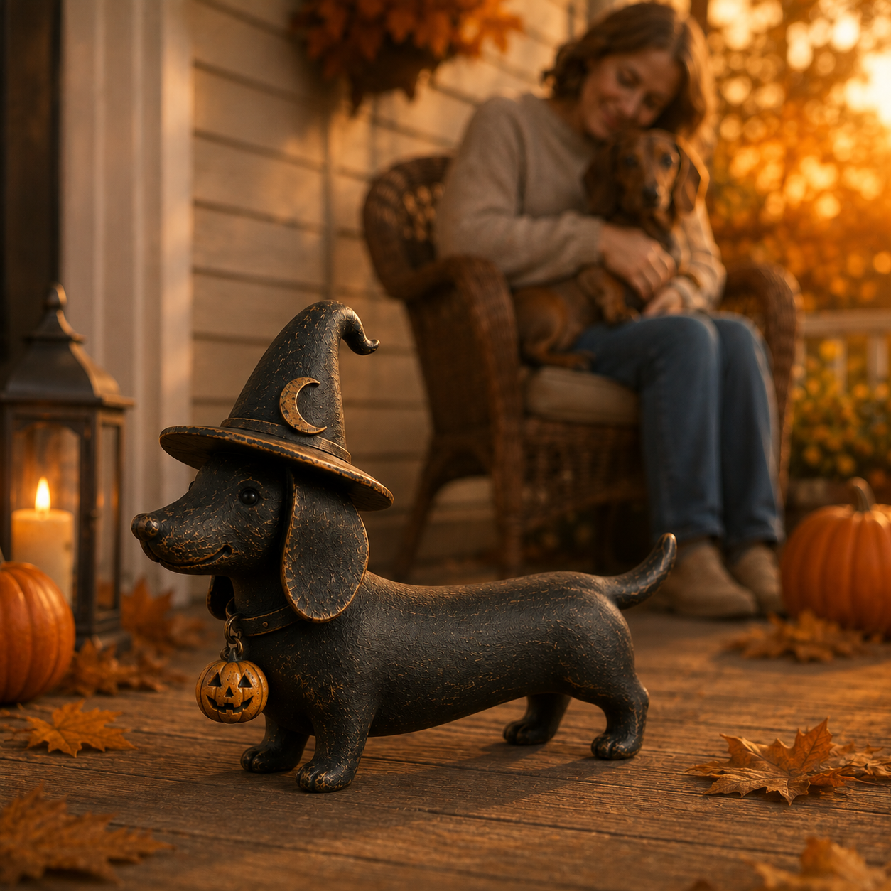 Vintage Halloween Dachshund Figurine Black Witch Hat Dog Decor with Pumpkin Charm