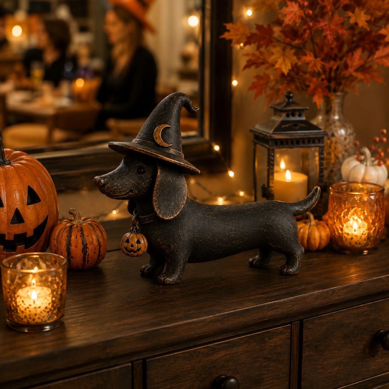 Vintage Halloween Dachshund Figurine Black Witch Hat Dog Decor with Pumpkin Charm