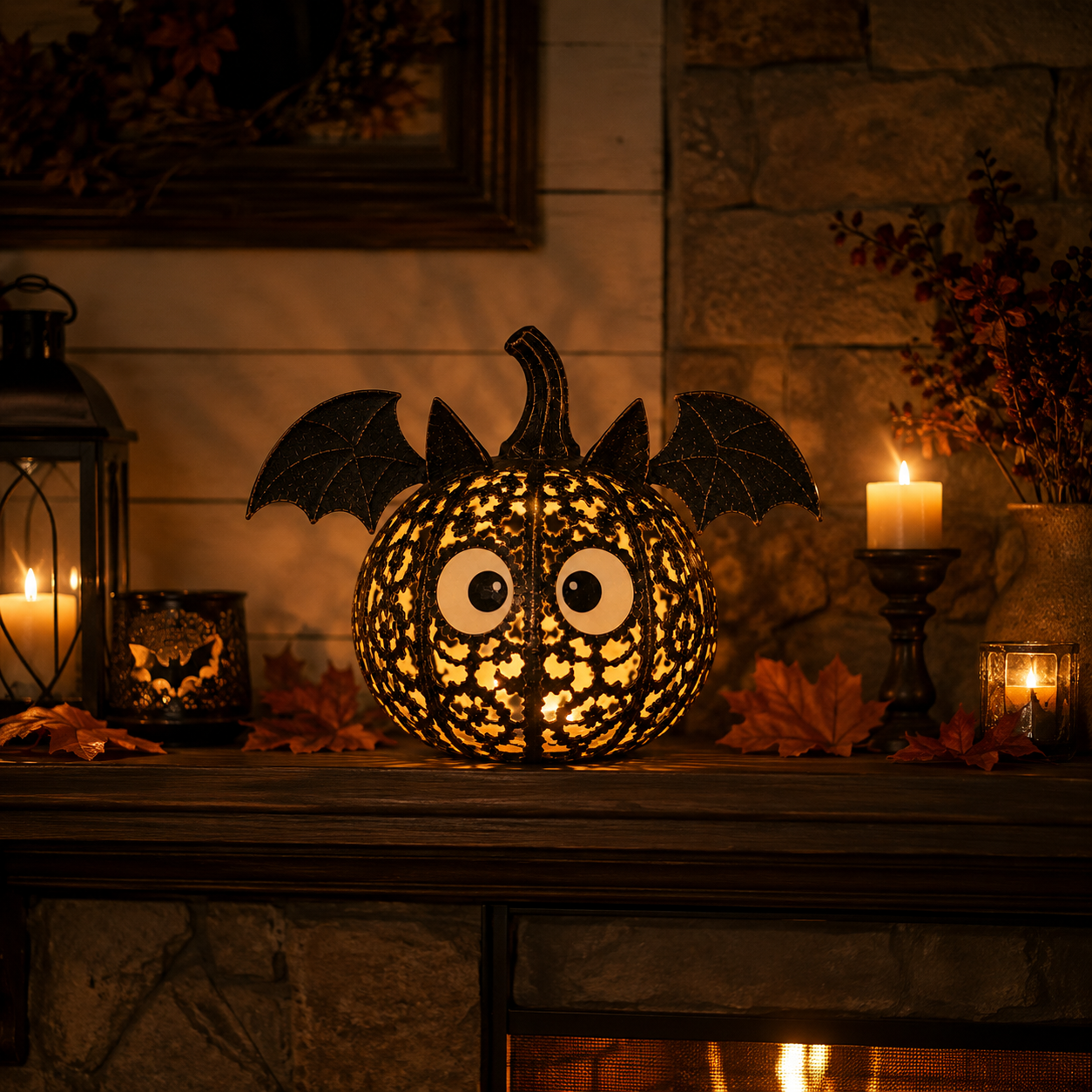 Lighted Vintage Bat Pumpkin Metal Lantern Rustic Halloween Tabletop Decor with Remote-Controlled Warm LED Glow for Mantel