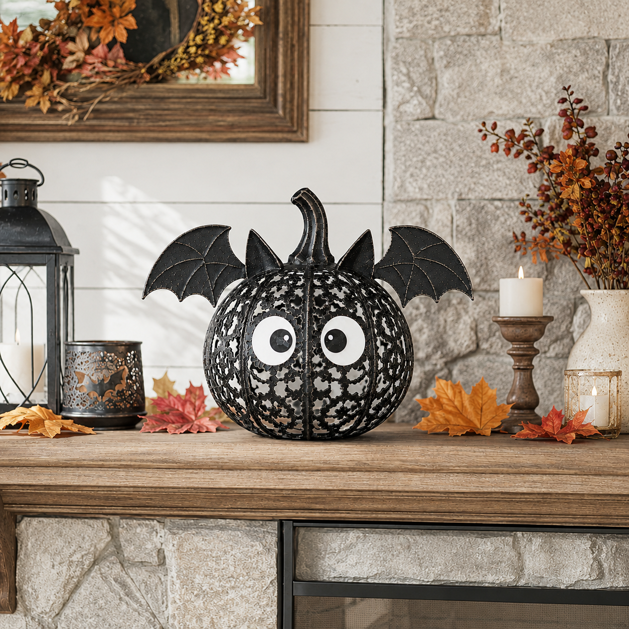 Lighted Vintage Bat Pumpkin Metal Lantern Rustic Halloween Tabletop Decor with Remote-Controlled Warm LED Glow for Mantel