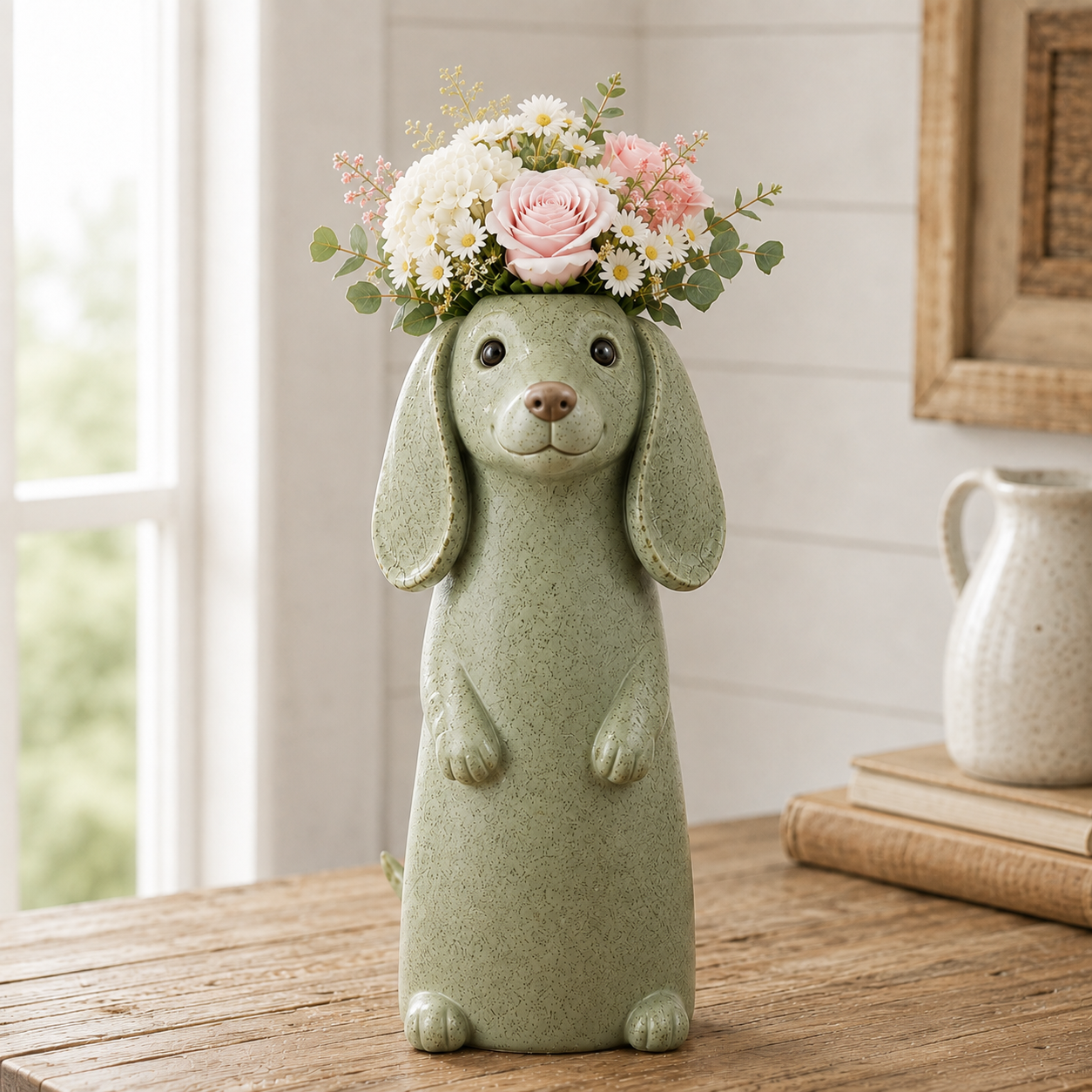Dachshund Flower Vase Figurine Cute Resin Dog Planter with Artificial Flowers
