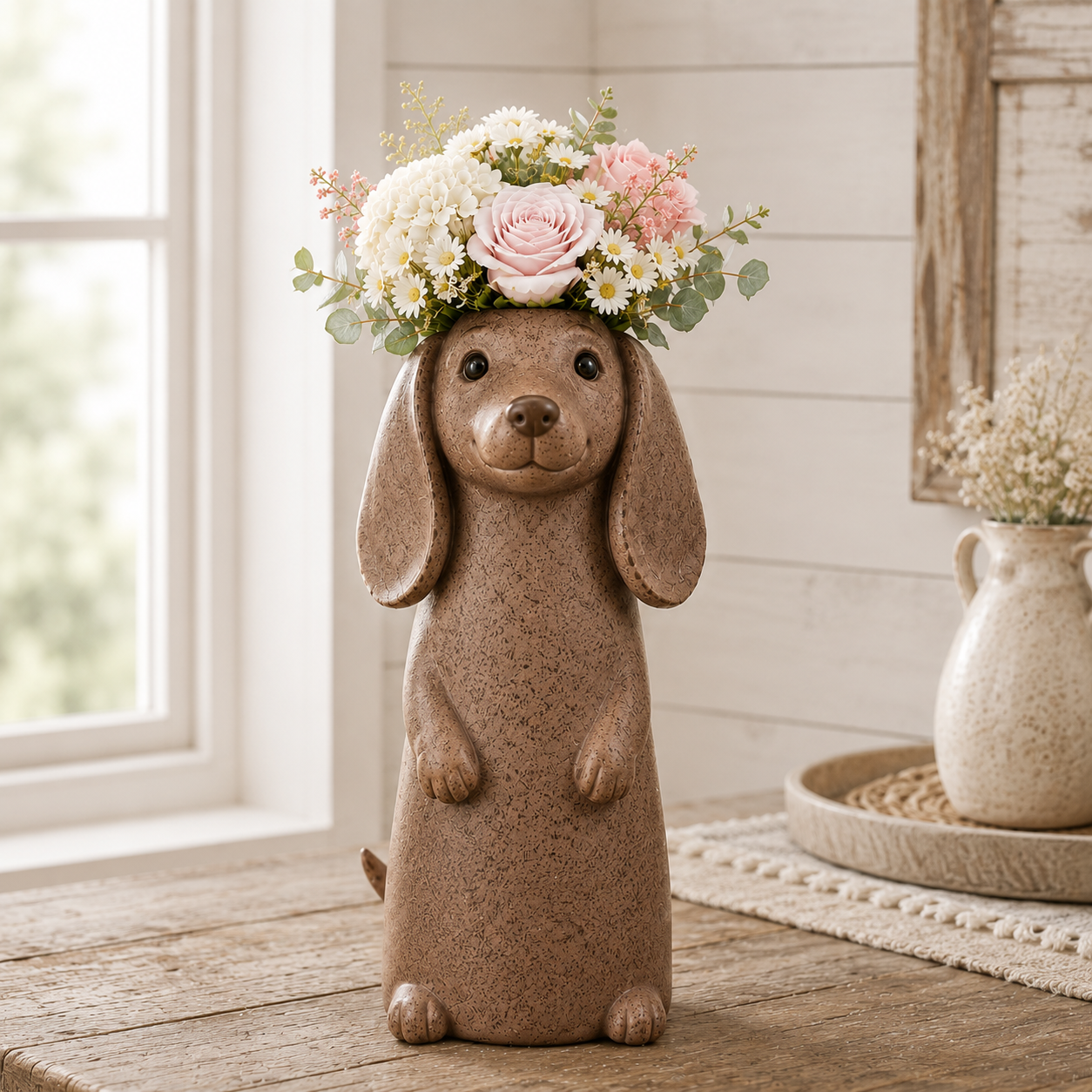 Dachshund Flower Vase Figurine Cute Resin Dog Planter with Artificial Flowers