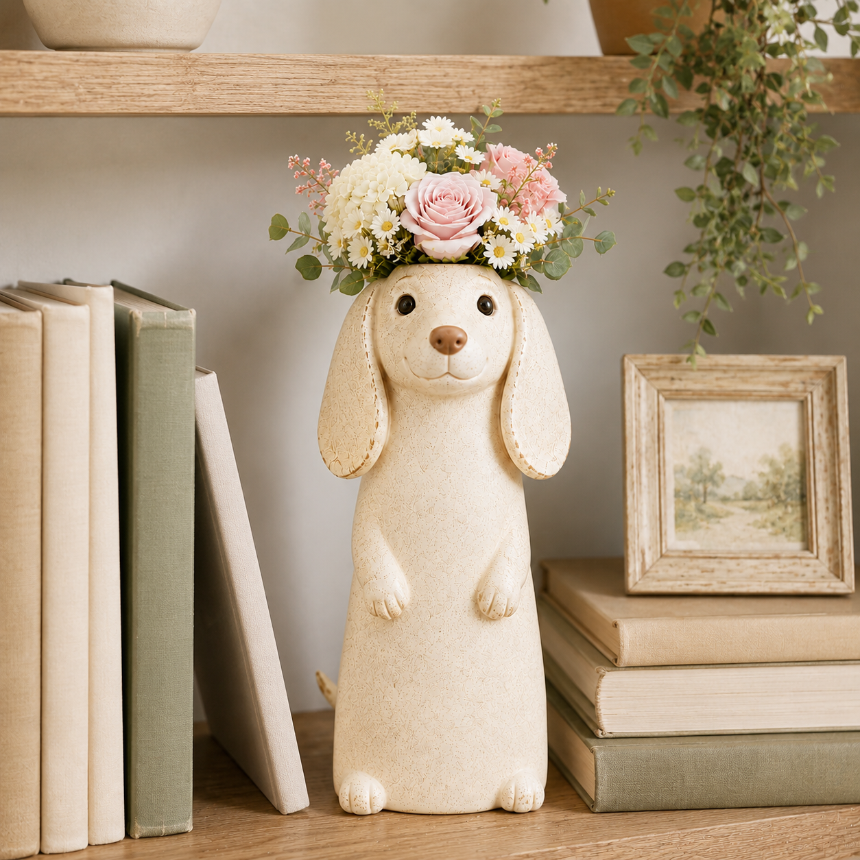 Dachshund Flower Vase Figurine Cute Resin Dog Planter with Artificial Flowers
