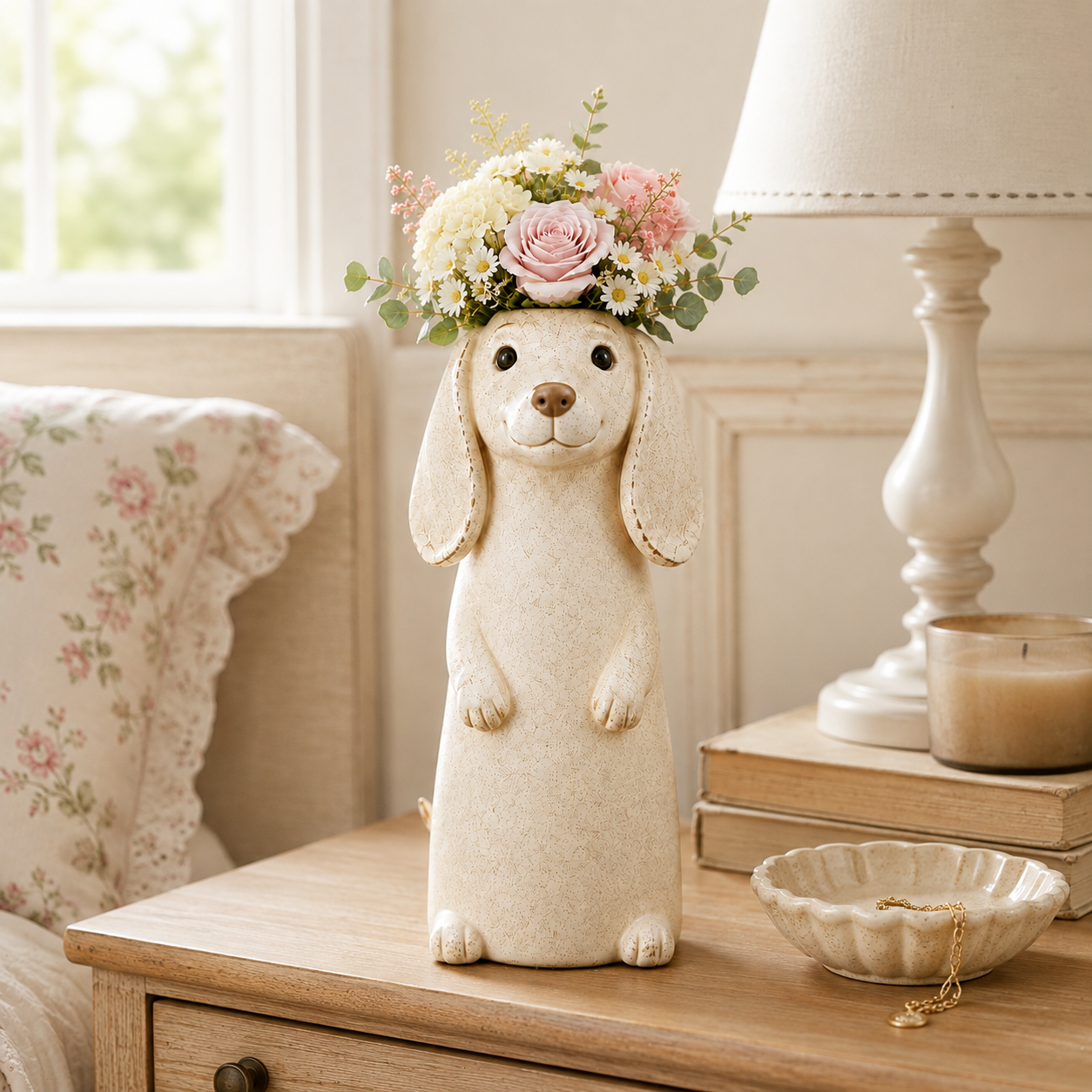 Dachshund Flower Vase Figurine Cute Resin Dog Planter with Artificial Flowers