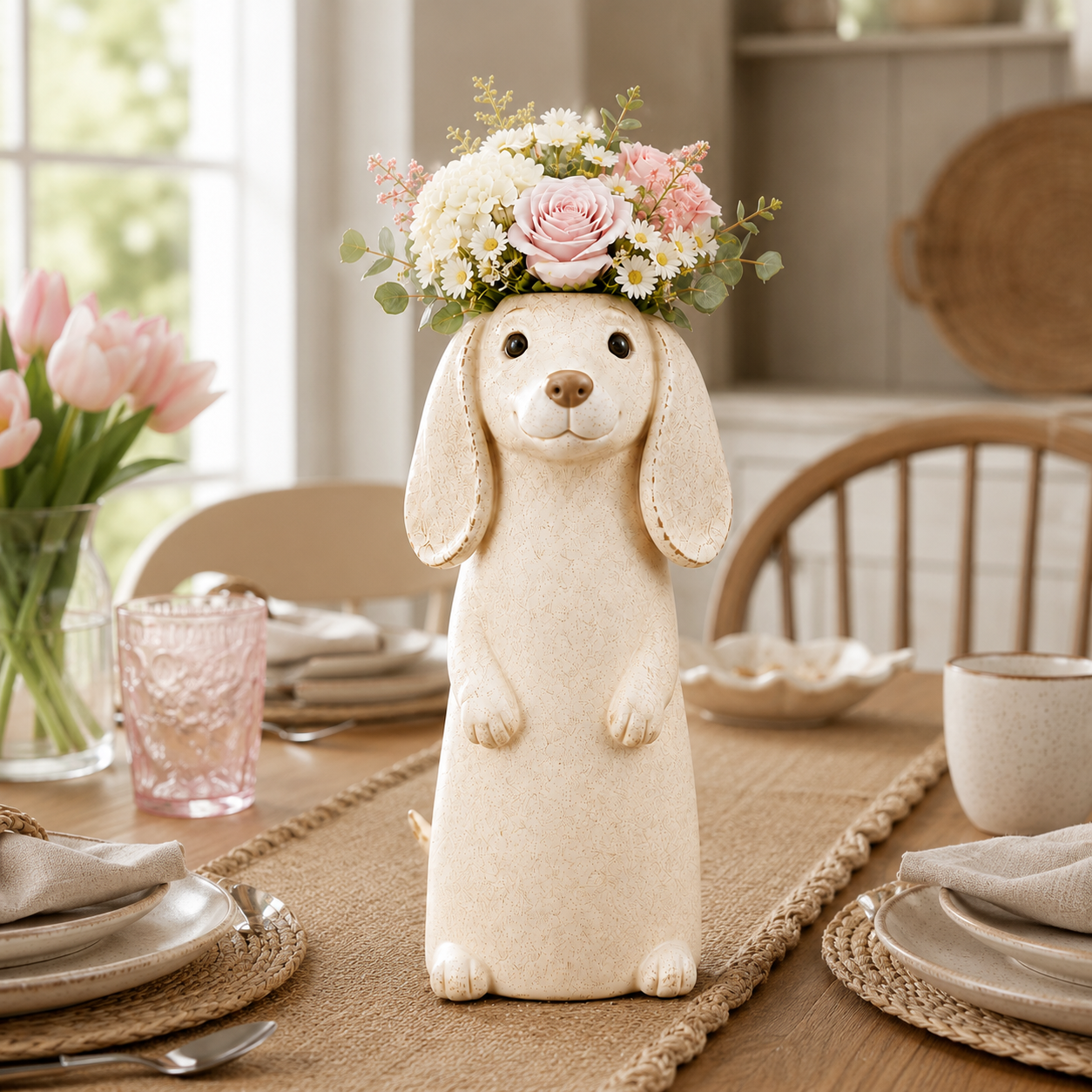 Dachshund Flower Vase Figurine Cute Resin Dog Planter with Artificial Flowers