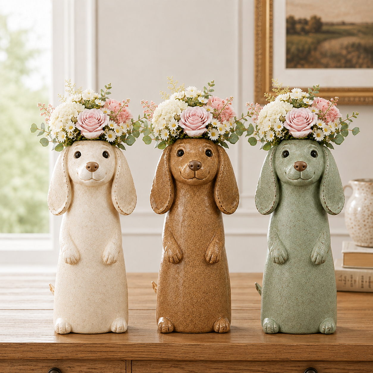 Dachshund Flower Vase Figurine Cute Resin Dog Planter with Artificial Flowers