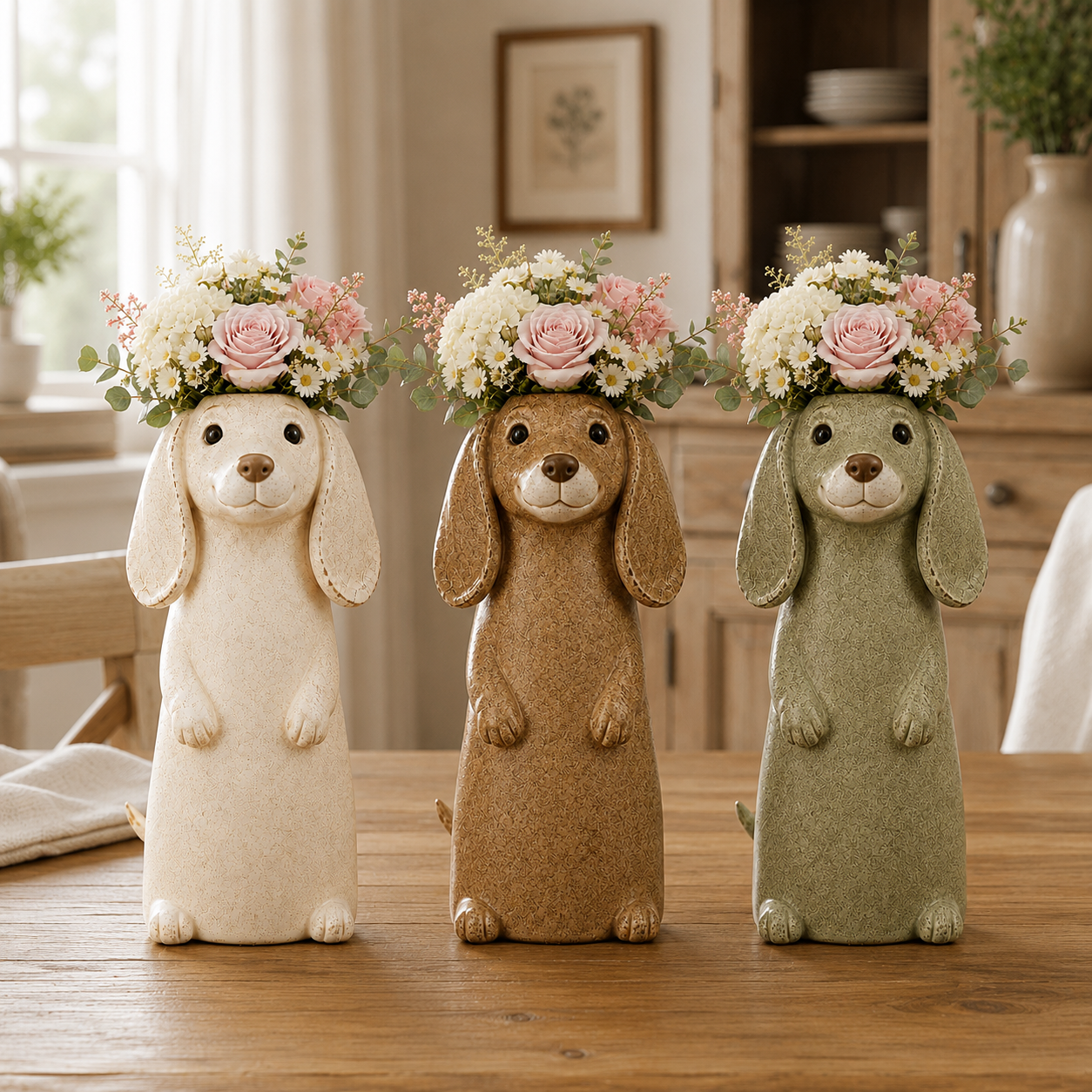 Dachshund Flower Vase Figurine Cute Resin Dog Planter with Artificial Flowers