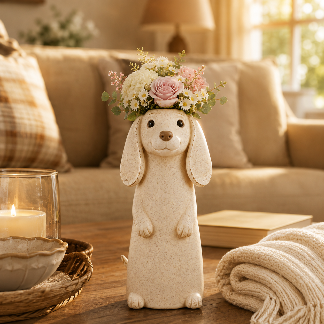 Dachshund Flower Vase Figurine Cute Resin Dog Planter with Artificial Flowers