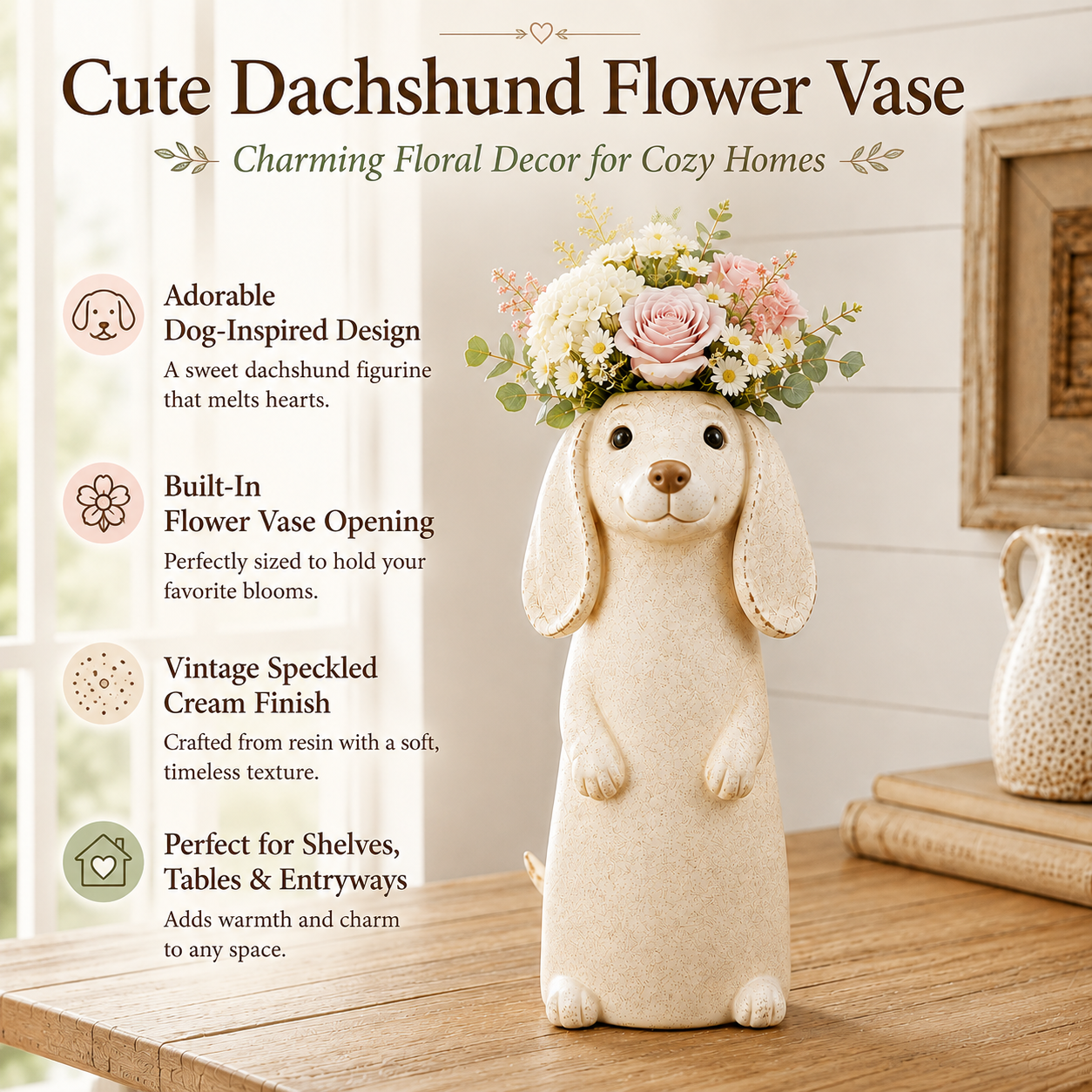 Dachshund Flower Vase Figurine Cute Resin Dog Planter with Artificial Flowers