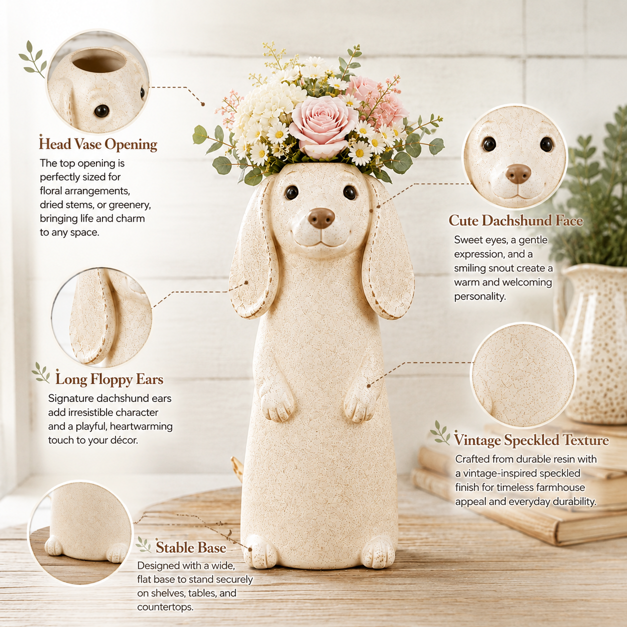 Dachshund Flower Vase Figurine Cute Resin Dog Planter with Artificial Flowers