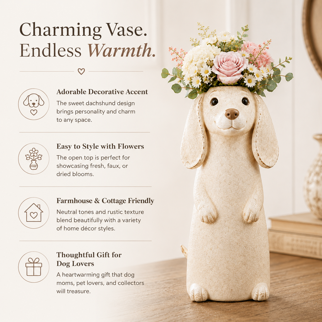 Dachshund Flower Vase Figurine Cute Resin Dog Planter with Artificial Flowers