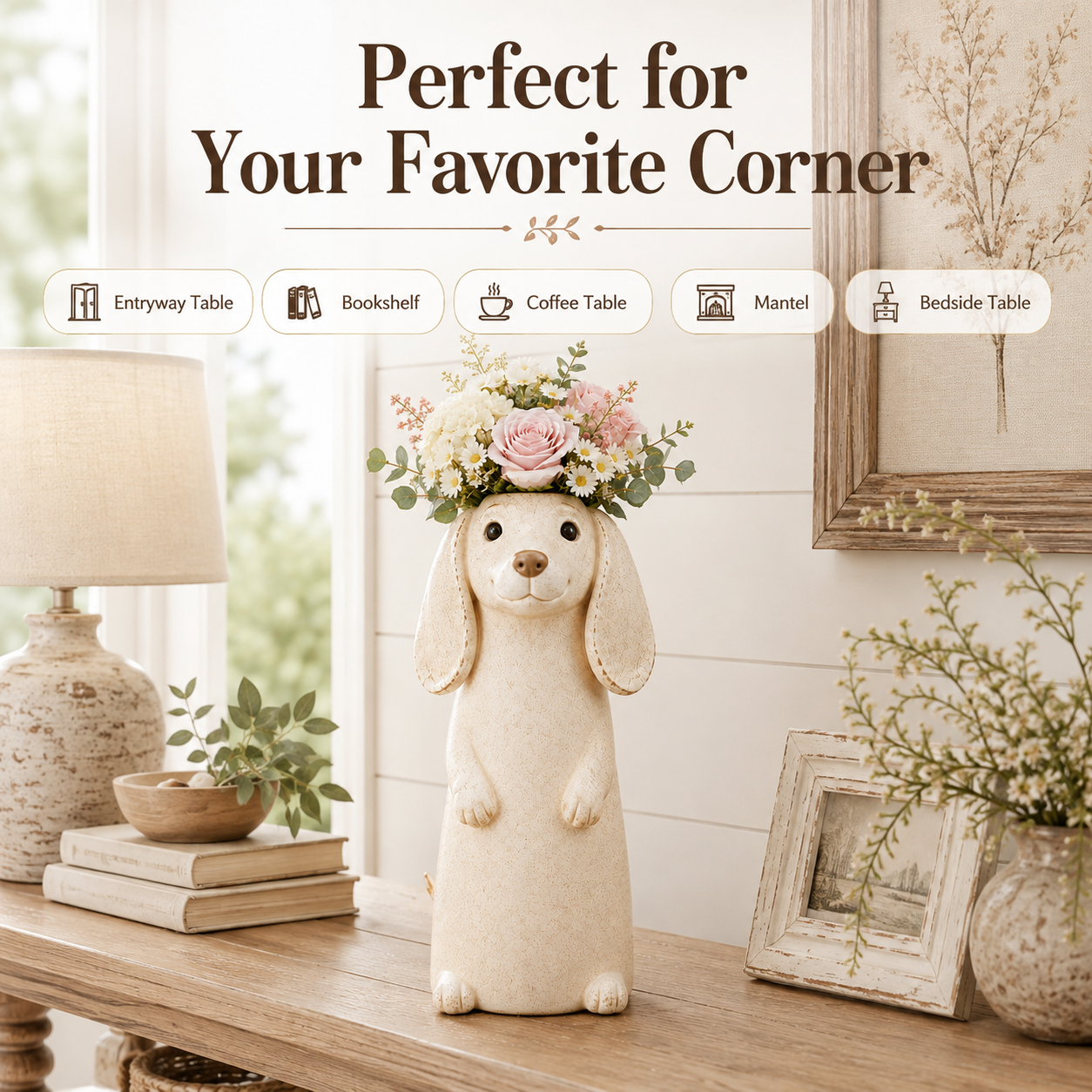 Dachshund Flower Vase Figurine Cute Resin Dog Planter with Artificial Flowers