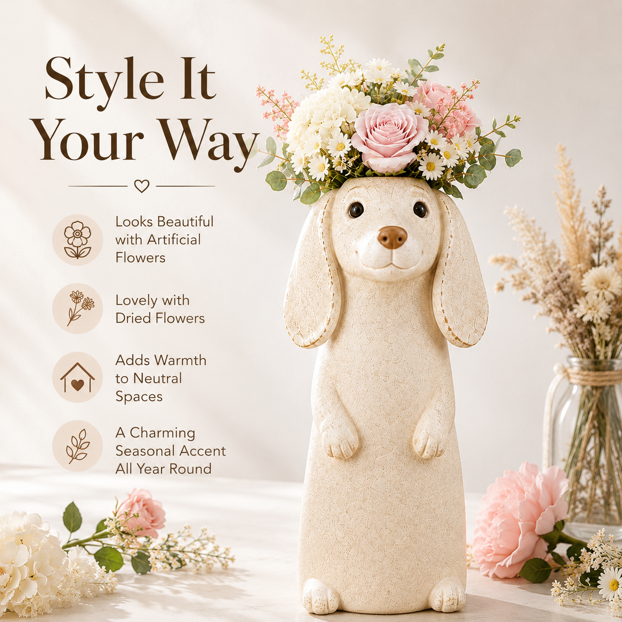 Dachshund Flower Vase Figurine Cute Resin Dog Planter with Artificial Flowers