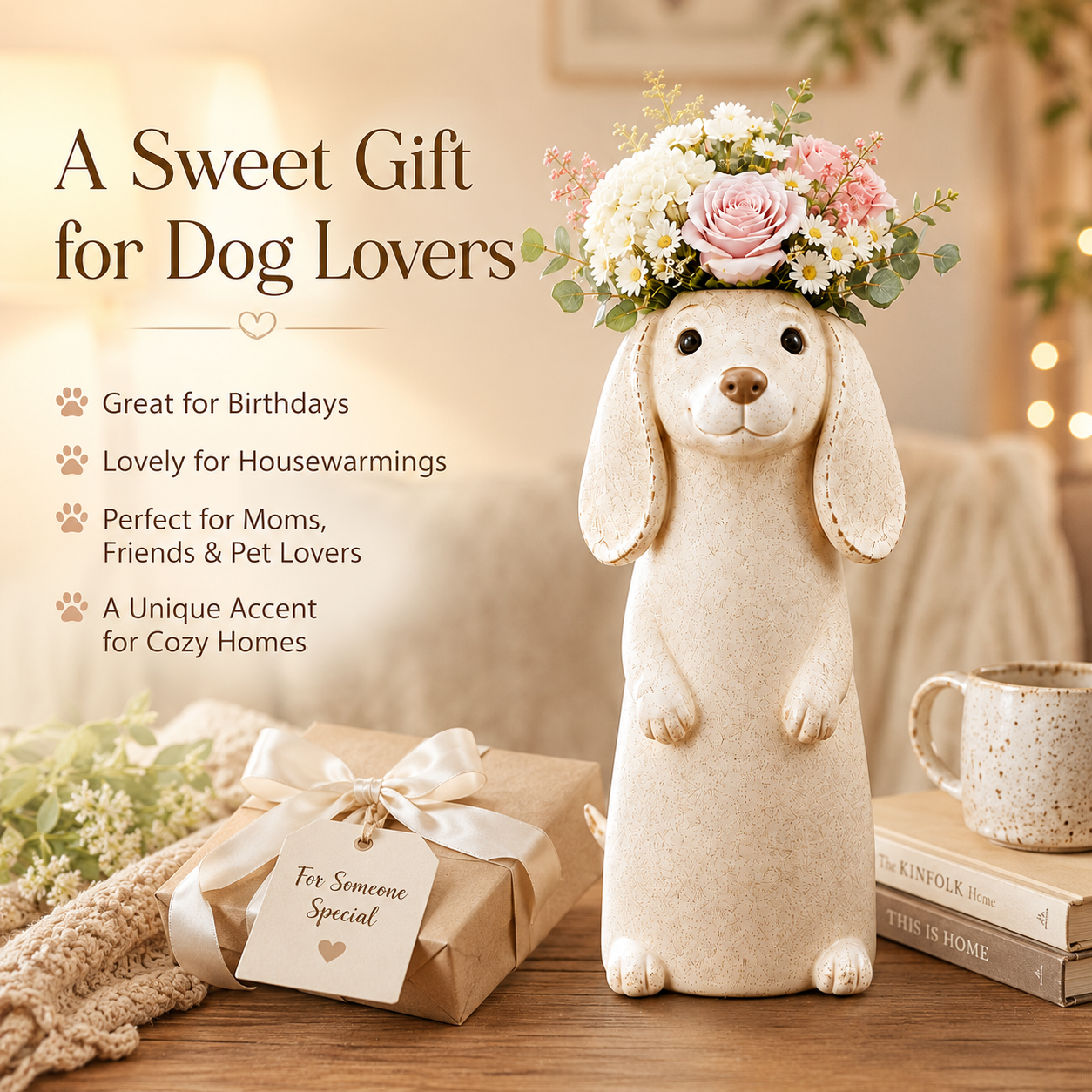 Dachshund Flower Vase Figurine Cute Resin Dog Planter with Artificial Flowers