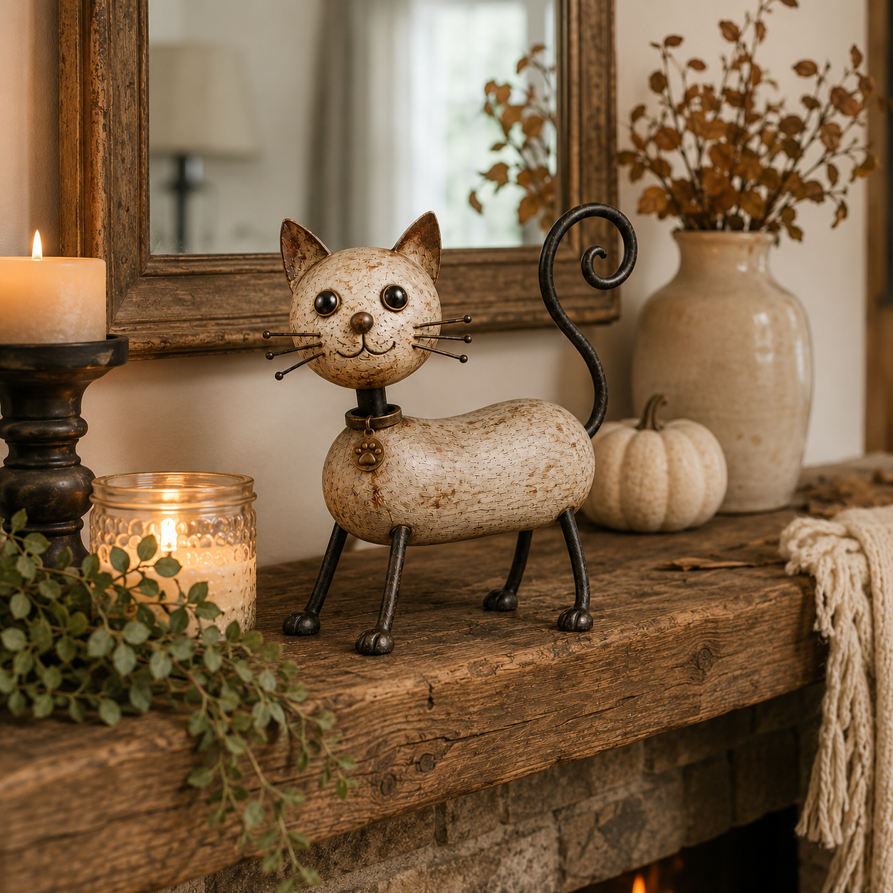 Vintage Rustic Metal Cat Figurine – Distressed Farmhouse Cat Statue for Home Decor