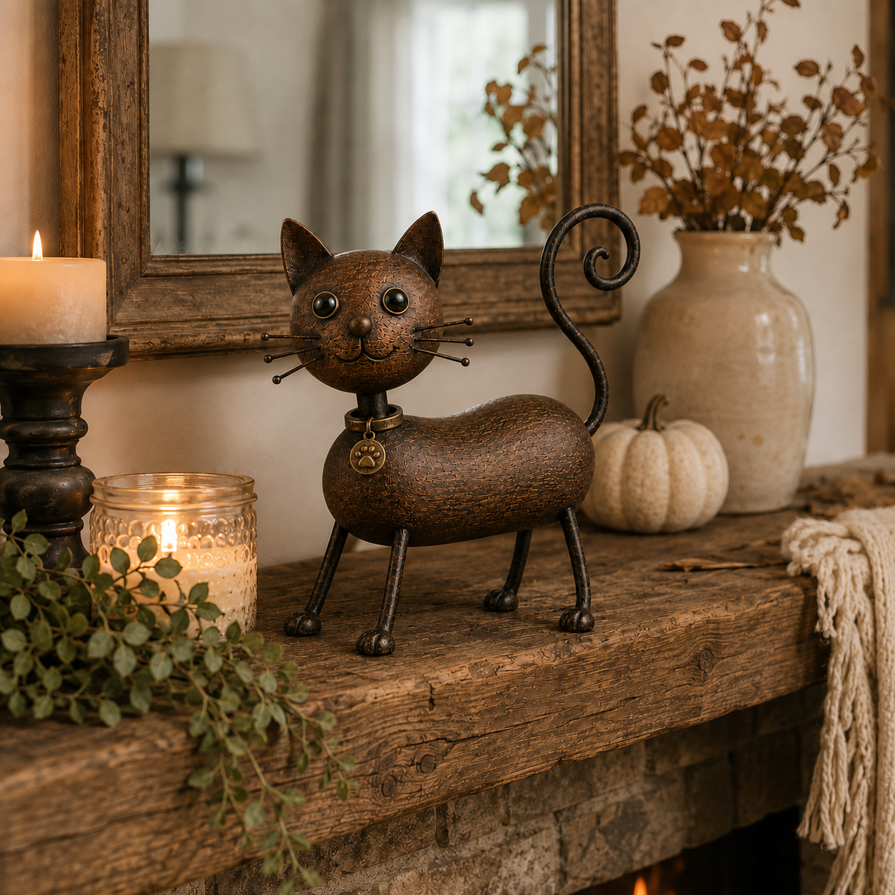 Vintage Rustic Metal Cat Figurine – Distressed Farmhouse Cat Statue for Home Decor