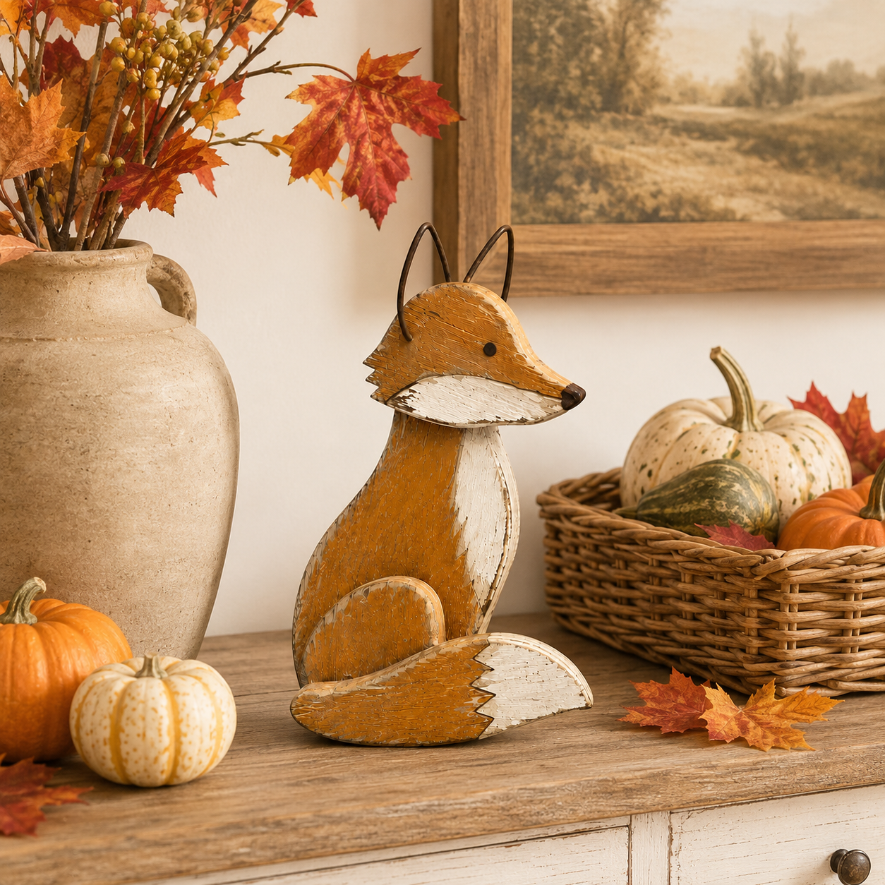 Vintage Rustic Fox Figurine Woodland Animal Decor with Metal Ear Detail