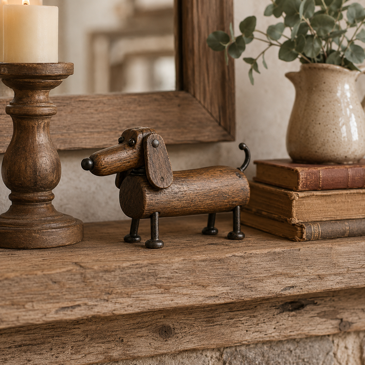 Vintage Wooden Dachshund Figurine with Rustic Iron Details Handmade-Style Dog Statue for Farmhouse Home Decor