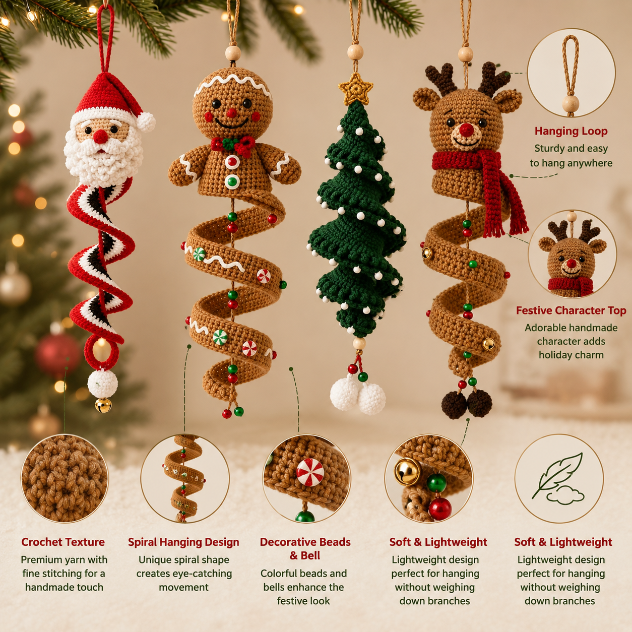 Crochet Christmas Spiral Hanging Ornaments.