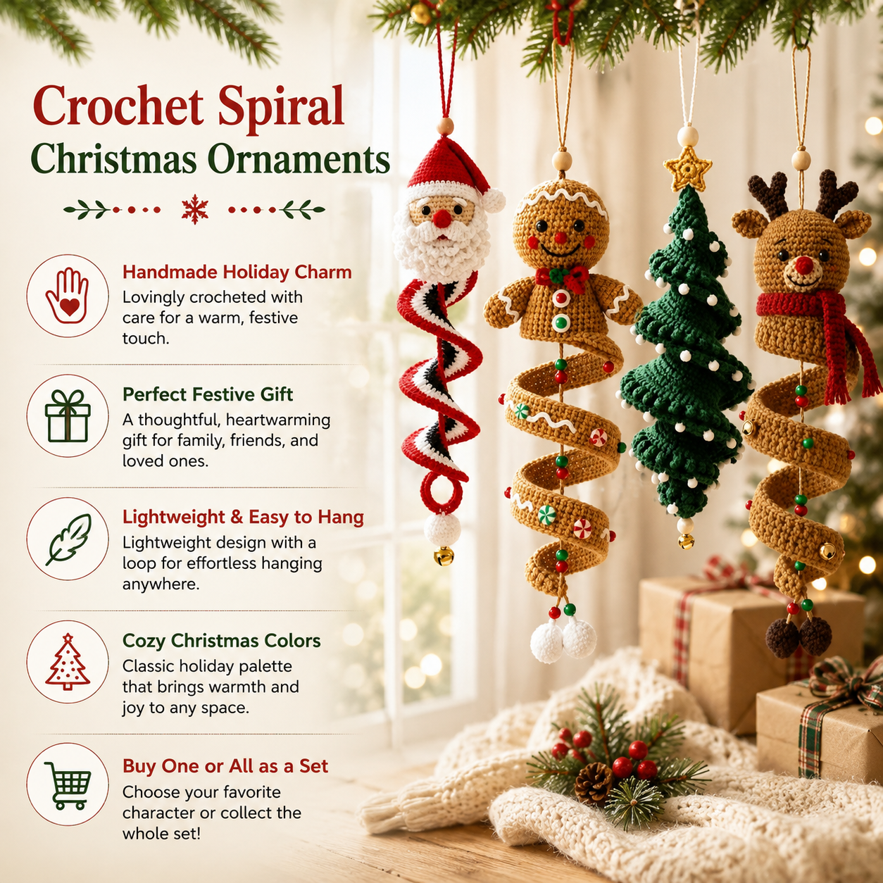 Crochet Christmas Spiral Hanging Ornaments.