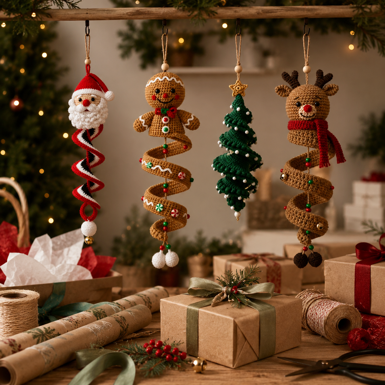 Crochet Christmas Spiral Hanging Ornaments.