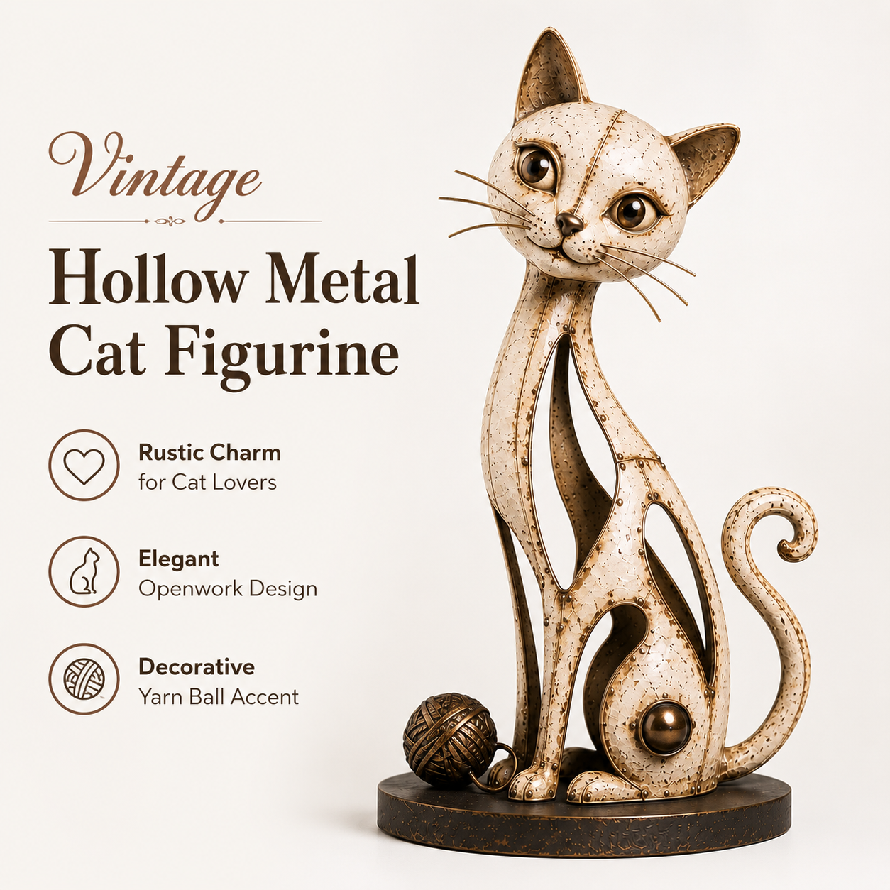 Vintage Hollow Metal Cat Figurine with Yarn Ball Accent