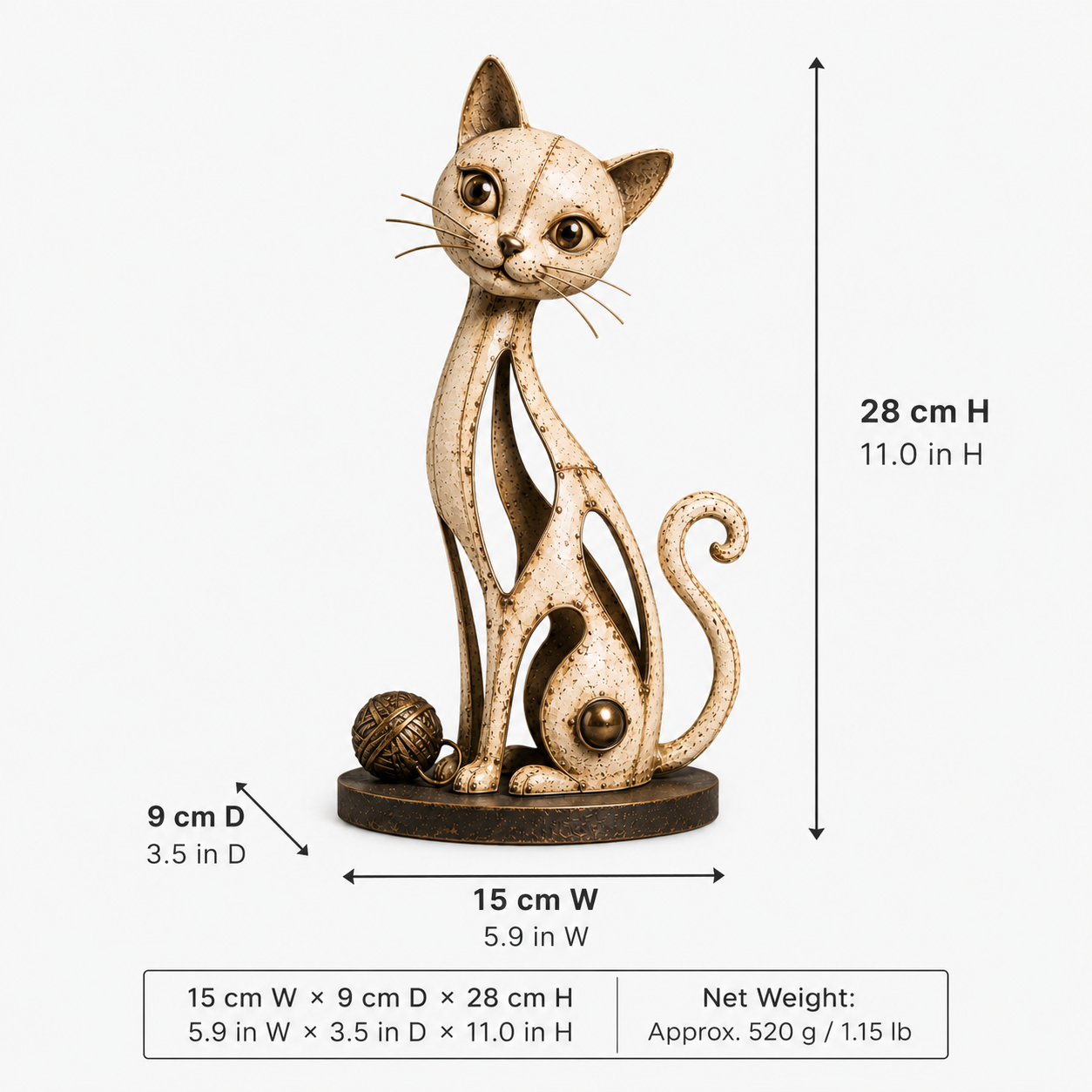 Vintage Hollow Metal Cat Figurine with Yarn Ball Accent