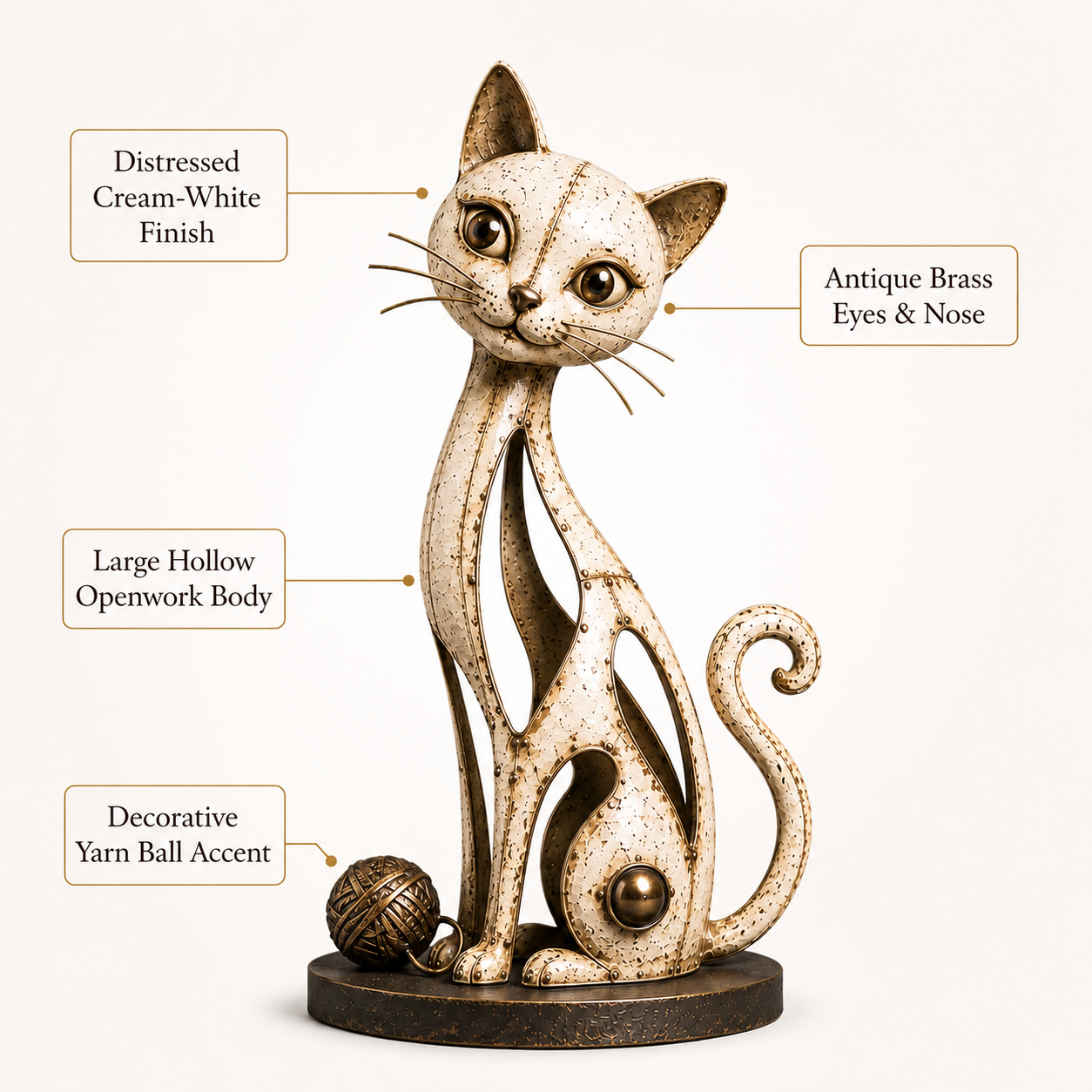 Vintage Hollow Metal Cat Figurine with Yarn Ball Accent
