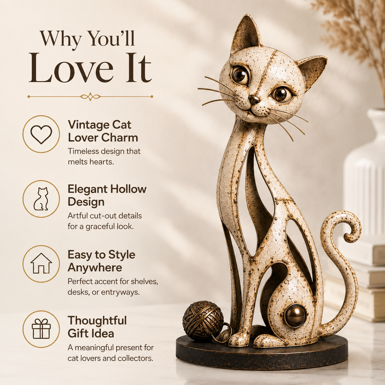 Vintage Hollow Metal Cat Figurine with Yarn Ball Accent