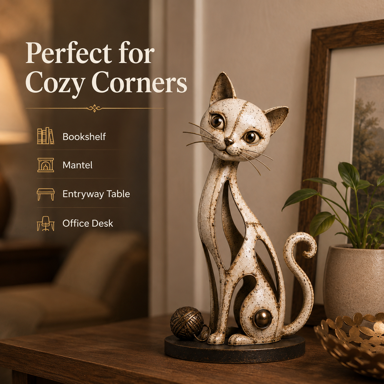 Vintage Hollow Metal Cat Figurine with Yarn Ball Accent