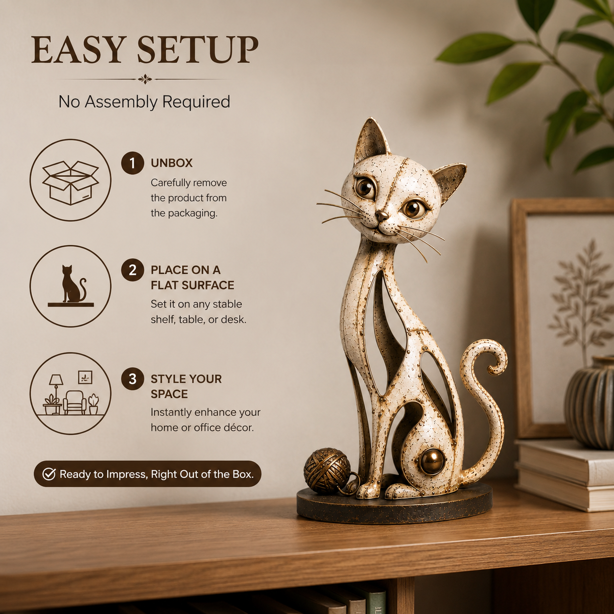 Vintage Hollow Metal Cat Figurine with Yarn Ball Accent
