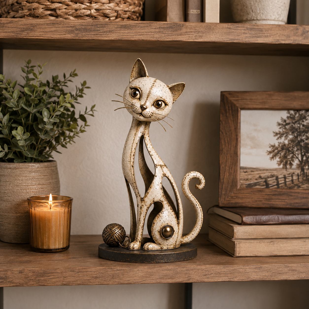 Vintage Hollow Metal Cat Figurine with Yarn Ball Accent