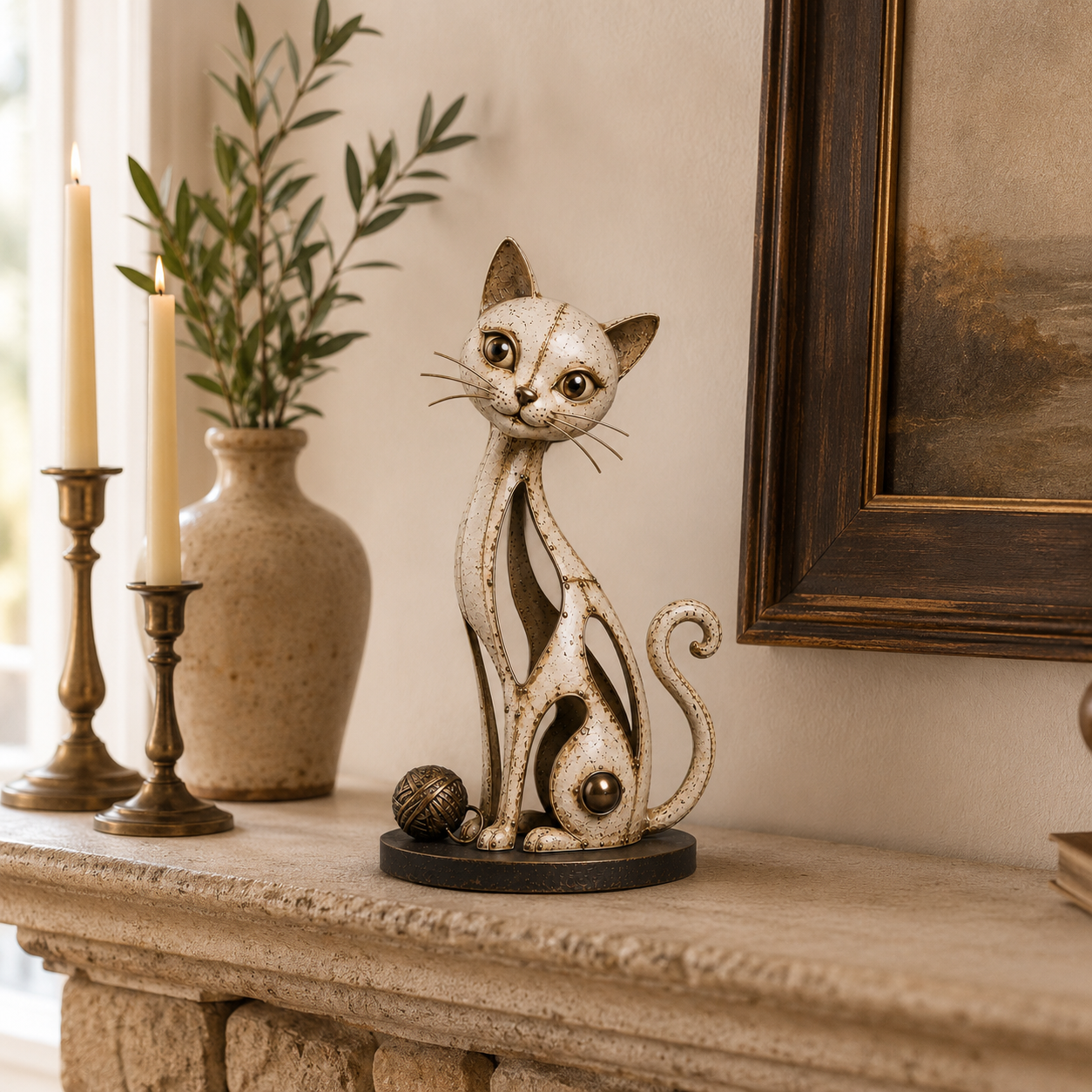 Vintage Hollow Metal Cat Figurine with Yarn Ball Accent